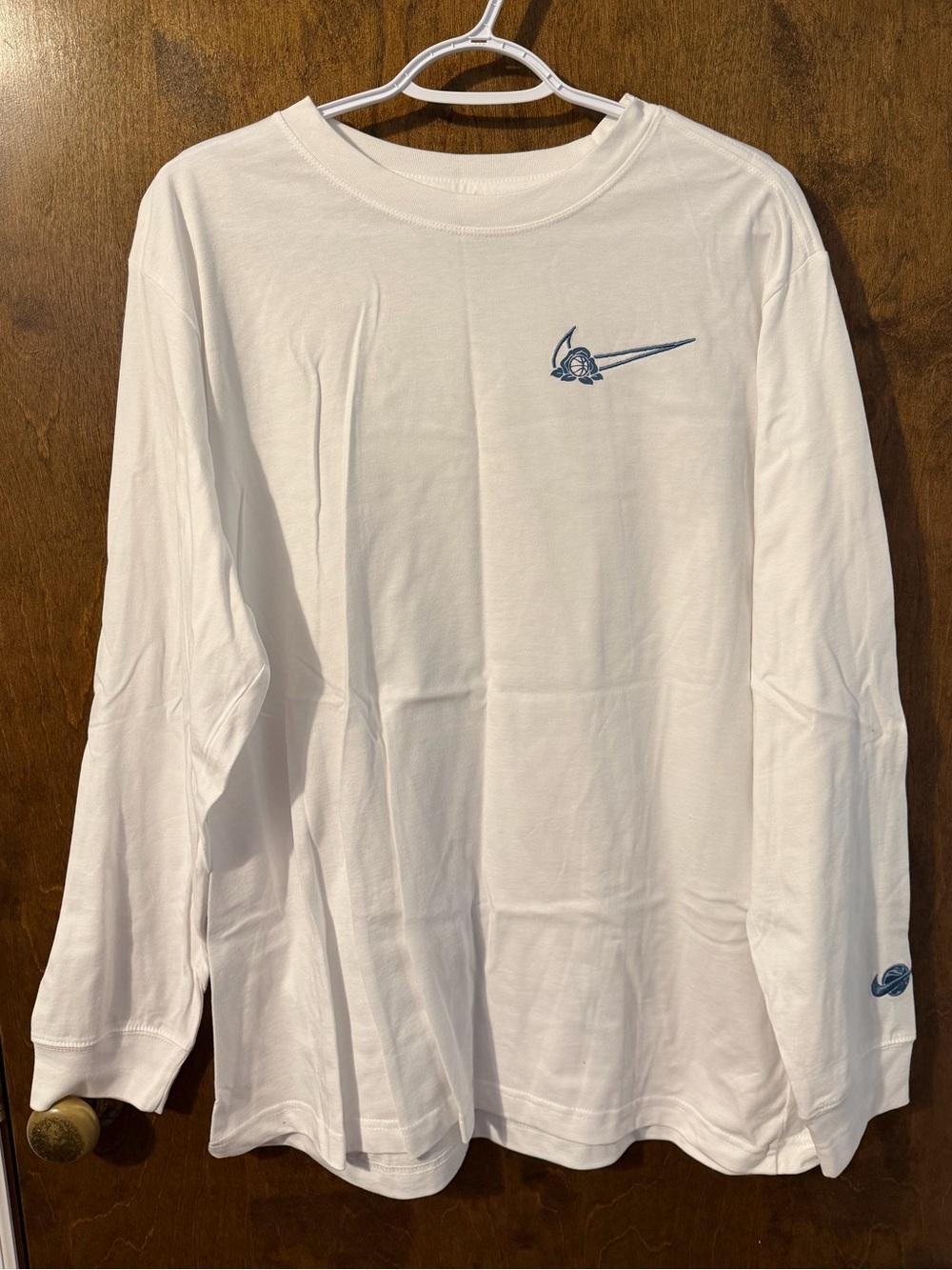 NWT Nike White Long-Sleeve Crewneck with Small Blue Swoosh